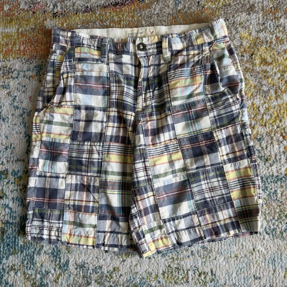 Vintage American Eagle Plaid Patchwork Shorts Size 30 Prep Fit Multicolor
